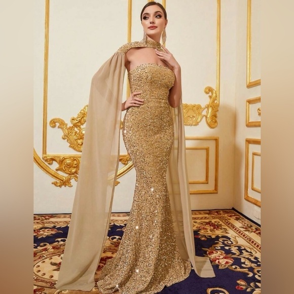 Elegant Long Champagne Draped Sequin Cape & Mermaid Dress Wedding Party Prom - Picture 7 of 8